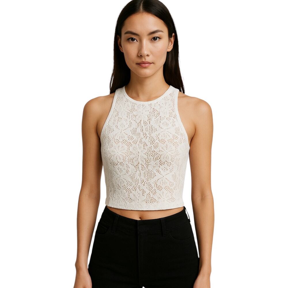 Rebecca Taylor White Floral Lace Sleeveless Halter Zipper Cami Crop Tank Top 4